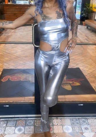 (Real Image)2023 Styles Women Sexy&Fashion Spring&Summer TikTok&Instagram Styles Silver Cut Out Jumpsuit