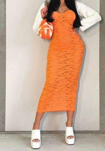 (Real Image)2023 Styles Women Sexy&Fashion Spring&Summer TikTok&Instagram Styles Orange Lace Strap Maxi Dress