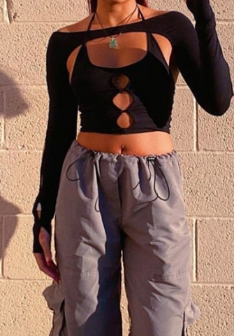(Only Tops)(Real Image)2023 Styles Women Sexy&Fashion Spring&Summer TikTok&Instagram Styles Black Cut Out Long Sleeve Tops