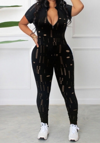 (Real Image)(Plus Size)2023 Styles Women Sexy&Fashion Spring&Summer TikTok&Instagram Styles Black Hollow Short Sleeve Jumpsuit