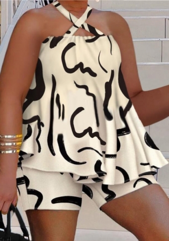 (Khaki)(Plus Size)2023 Styles Women Sexy&Fashion Spring&Summer TikTok&Instagram Styles Print Loose Short Two Piece Suit