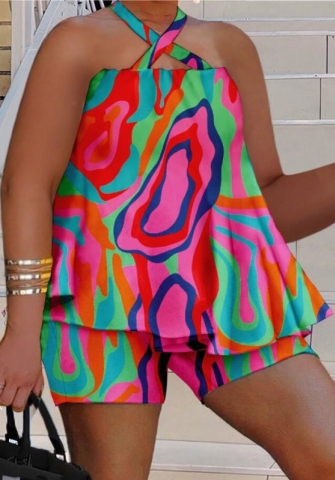 (Rose)(Plus Size)2023 Styles Women Sexy&Fashion Spring&Summer TikTok&Instagram Styles Print Loose Short Two Piece Suit