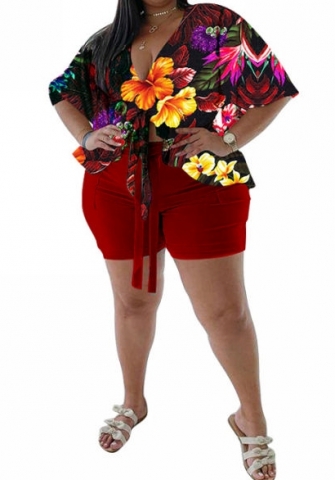 (Red)(Plus Size)2023 Styles Women Sexy&Fashion Spring&Summer TikTok&Instagram Styles Print Short Two Piece Suit