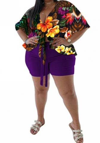 (Purple)(Plus Size)2023 Styles Women Sexy&Fashion Spring&Summer TikTok&Instagram Styles Print Short Two Piece Suit
