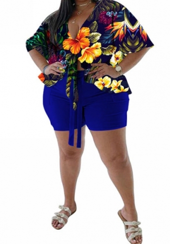 (Blue)(Plus Size)2023 Styles Women Sexy&Fashion Spring&Summer TikTok&Instagram Styles Print Short Two Piece Suit