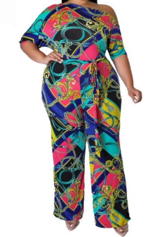 (Real Image)(Plus Size)2023 Styles Women Sexy&Fashion Spring&Summer TikTok&Instagram Styles Print Loose Jumpsuit with Waist Tie