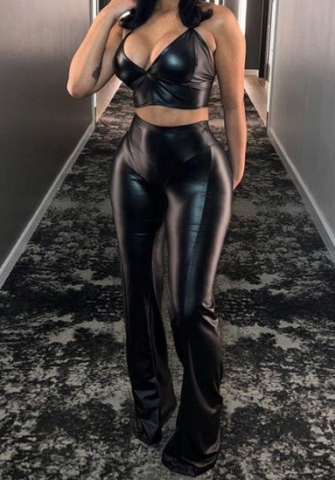 (Real Image)2023 Styles Women Sexy&Fashion Spring&Summer TikTok&Instagram Styles Black PU Two Piece Suit