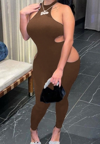 (Real Image)2023 Styles Women Sexy&Fashion Spring&Summer TikTok&Instagram Styles Brown Cut Out Jumpsuit