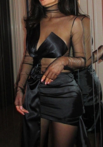 (Real Image)2023 Styles Women Sexy&Fashion Spring&Summer TikTok&Instagram Styles Black Mesh Long Sleeve Mini Dress