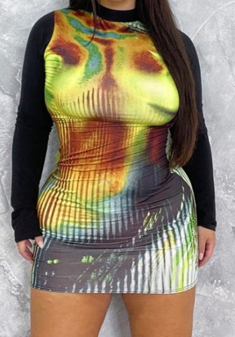 (Real Image)2023 Styles Women Sexy&Fashion Spring&Summer TikTok&Instagram Styles Print Yellow Long Sleeve Mini Dress