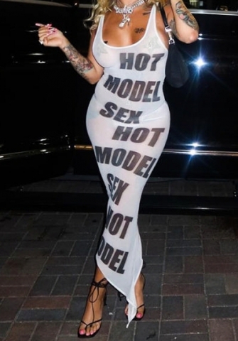 (Real Image)2023 Styles Women Sexy&Fashion Spring&Summer TikTok&Instagram Styles White Print Mesh Irregular Maxi Dress