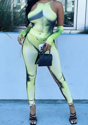 (Real Image)2023 Styles Women Sexy&Fashion Spring&Summer TikTok&Instagram Styles Green Print Two Piece Suit