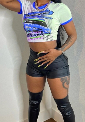 (Only Tops)(Blue)2023 Styles Women Sexy&Fashion Spring&Summer TikTok&Instagram Styles Print Short Sleeve Tee