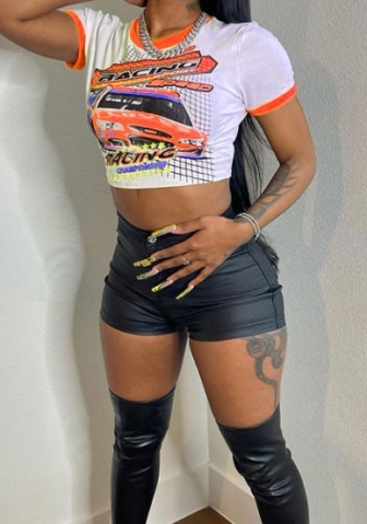 (Only Tops)(Orange)2023 Styles Women Sexy&Fashion Spring&Summer TikTok&Instagram Styles Print Short Sleeve Tee