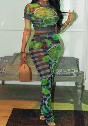 (Real Image)2023 Styles Women Sexy&Fashion Spring&Summer TikTok&Instagram Styles Green Print Two Piece Suit