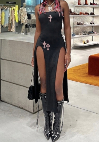 (Real Image)2023 Styles Women Sexy&Fashion Spring&Summer TikTok&Instagram Styles Black High Split Maxi Dress