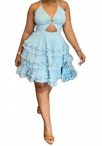 (Plus Size)(Blue)2023 Styles Women Sexy&Fashion Spring&Summer TikTok&Instagram Styles Mesh Hem Mini Dress