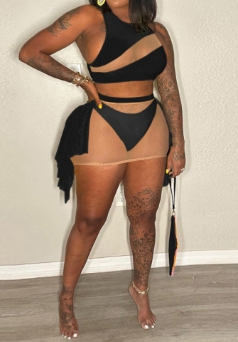 (Plus Size)(Black)2023 Styles Women Sexy&Fashion Spring&Summer TikTok&Instagram Styles Mesh Contrast Color Club Dress