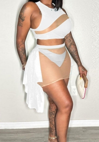 (Plus Size)(White)2023 Styles Women Sexy&Fashion Spring&Summer TikTok&Instagram Styles Mesh Contrast Color Club Dress