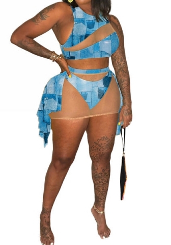 (Plus Size)(Jeans Blue)2023 Styles Women Sexy&Fashion Spring&Summer TikTok&Instagram Styles 3 Piece Swimsuit