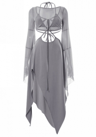 (Real Image)2023 Styles Women Sexy&Fashion Spring&Summer TikTok&Instagram Styles Mesh Gray Irregular Maxi Dress