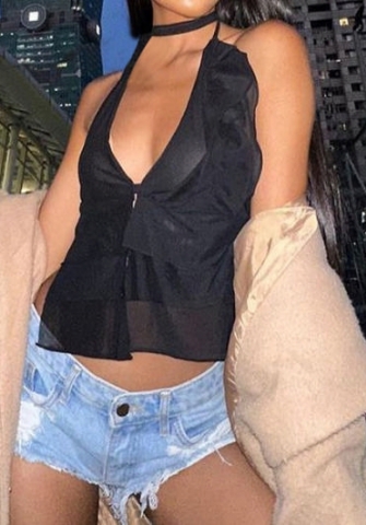 (Real Image)2023 Styles Women Sexy&Fashion Spring&Summer TikTok&Instagram Styles Black Mesh Halter Tops