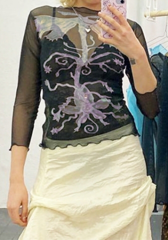 (Only Tops)(Real Image)2023 Styles Women Sexy&Fashion Spring&Summer TikTok&Instagram Styles Print Mesh Long Sleeve Tee