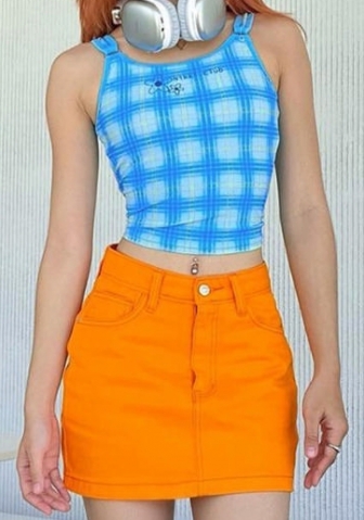 (Only Tops)(Real Image)2023 Styles Women Sexy&Fashion Spring&Summer TikTok&Instagram Styles Blue Plaid Tank Tops