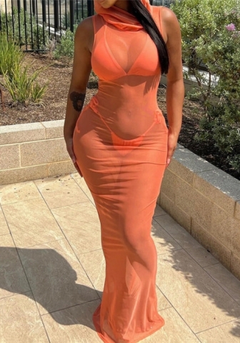 (Real Image)2023 Styles Women Sexy&Fashion Spring&Summer TikTok&Instagram Styles Mesh Hoodie Maxi Dress