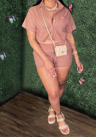 (Khaki)2023 Styles Women Sexy&Fashion Spring&Summer TikTok&Instagram Styles Front Button Short Two Piece Suit