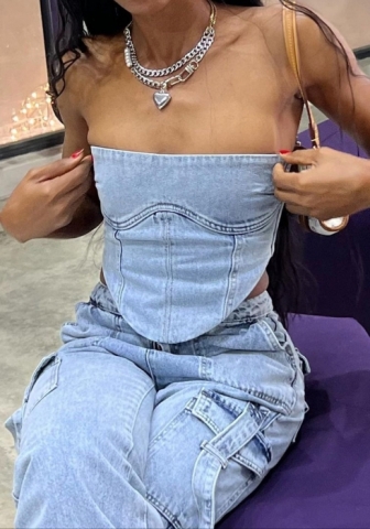 (Blue)2023 Styles Women Sexy&Fashion Spring&Summer TikTok&Instagram Styles Tube Jeans Tops