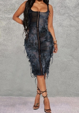 (Real Image)2023 Styles Women Sexy&Fashion Spring&Summer TikTok&Instagram Styles Strap Ripped Front Zipper Midi Dress