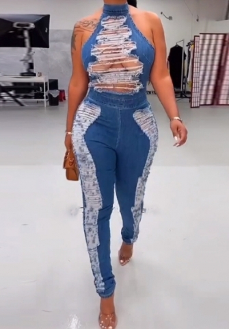 (Real Image)2023 Styles Women Sexy&Fashion Spring&Summer TikTok&Instagram Styles Blue Ripped Jumpsuit