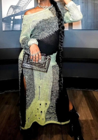 (Real Image)2023 Styles Women Sexy&Fashion Spring&Summer TikTok&Instagram Styles Contrast Color Sweater High Split Maxi Dress