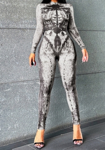 (Real Image)2023 Styles Women Sexy&Fashion Spring&Summer TikTok&Instagram Styles Long Sleeve Print Front Zipper Jumpsuit