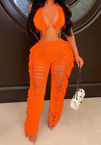 (Real Image)2023 Styles Women Sexy&Fashion Autumn/Winter TikTok&Instagram Styles Sweater Bar+Long Pants Ripped Two Piece Suit