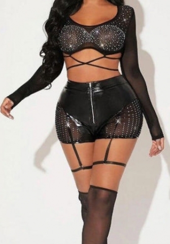 (Real Image)2023 Styles Women Sexy&Fashion Autumn/Winter TikTok&Instagram Styles Black Mesh Short Two Piece Suit