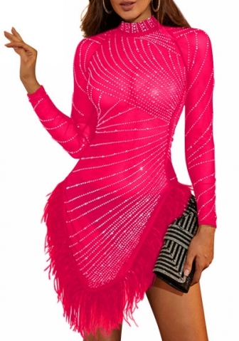 (Rose)2023 Styles Women Sexy&Fashion Autumn/Winter TikTok&Instagram Styles  Sequins Mesh Long Sleeve Mini Dress