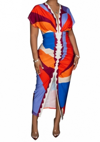 (Orange)2023 Styles Women Sexy&Fashion Autumn/Winter TikTok&Instagram Styles  Print Contrast Color High Split Maxi Dress