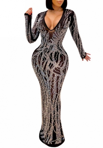 (Real Image)2023 Styles Women Sexy&Fashion Autumn/Winter TikTok&Instagram Styles  Sequins V Neck Maxi Dress