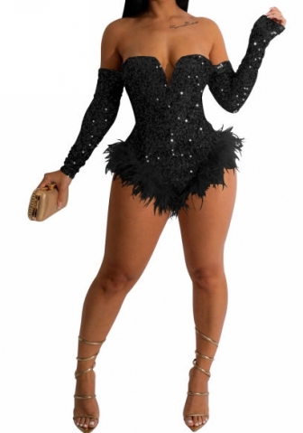 (Real Image)2023 Styles Women Sexy&Fashion Autumn/Winter TikTok&Instagram Styles Sequins Off Shoulder Long Sleeve Bodysuit