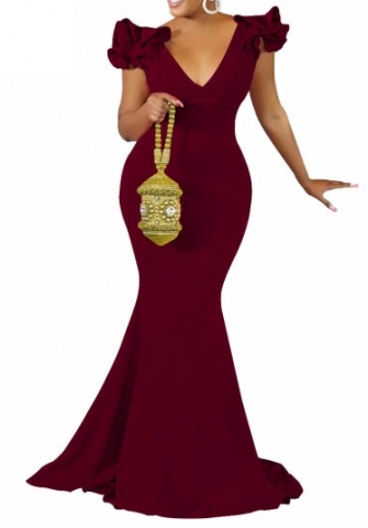 (Dark Red)2023 Styles Women Sexy&Fashion Autumn/Winter TikTok&Instagram Styles Deep V Neck Hem Maxi Dress