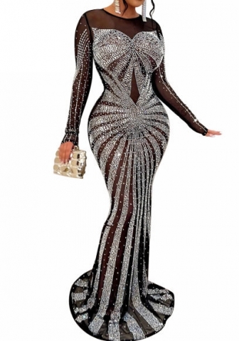 (Real Image)2023 Styles Women Sexy&Fashion Autumn/Winter TikTok&Instagram Styles  Sequins Mesh Long Sleeve Maxi Dress