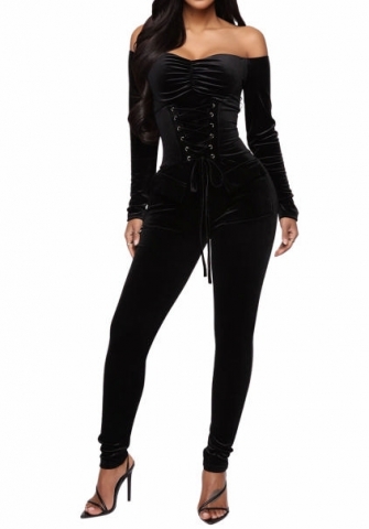 (Black)2023 Styles Women Sexy&Fashion Autumn/Winter TikTok&Instagram Styles Velvet Off Shoulder Long Sleeve Jumpsuit