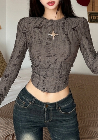 (Real Image)2023 Styles Women Sexy&Fashion Autumn/Winter TikTok&Instagram Styles Gray Ripped Long Sleeve Tops