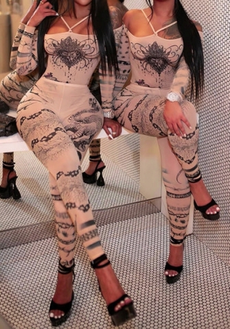 (Real Image)2023 Styles Women Sexy&Fashion Autumn/Winter TikTok&Instagram Styles Mesh Print Two Piece Suit