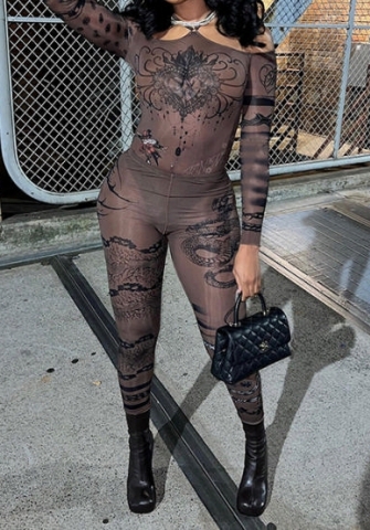 (Coffee)2023 Styles Women Sexy&Fashion Autumn/Winter TikTok&Instagram Styles Mesh Print Two Piece Suit