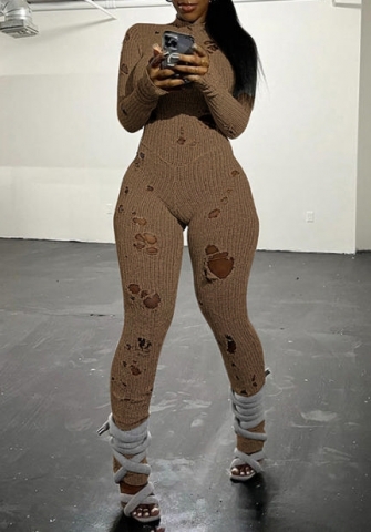 (Khaki)2023 Styles Women Sexy&Fashion Autumn/Winter TikTok&Instagram Styles Long Sleeve Sweater Ripped Jumpsuit