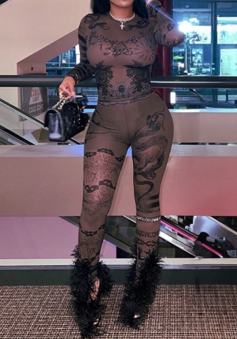 (Real Image)2023 Styles Women Sexy&Fashion Autumn/Winter TikTok&Instagram Styles Coffee Print Two Piece Suit