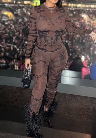 (Black)2023 Styles Women Sexy&Fashion Autumn/Winter TikTok&Instagram Styles Print Mesh Two Piece Suit